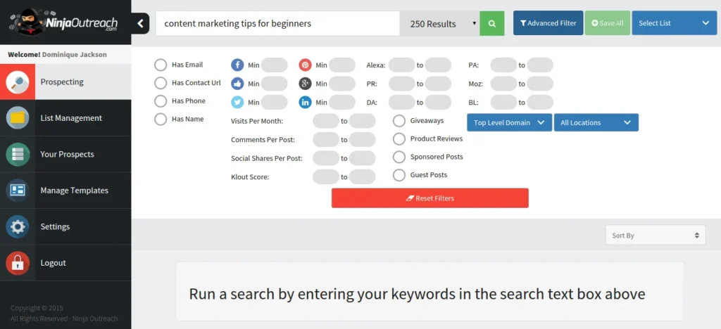 NinjaOutreach to search for prospects