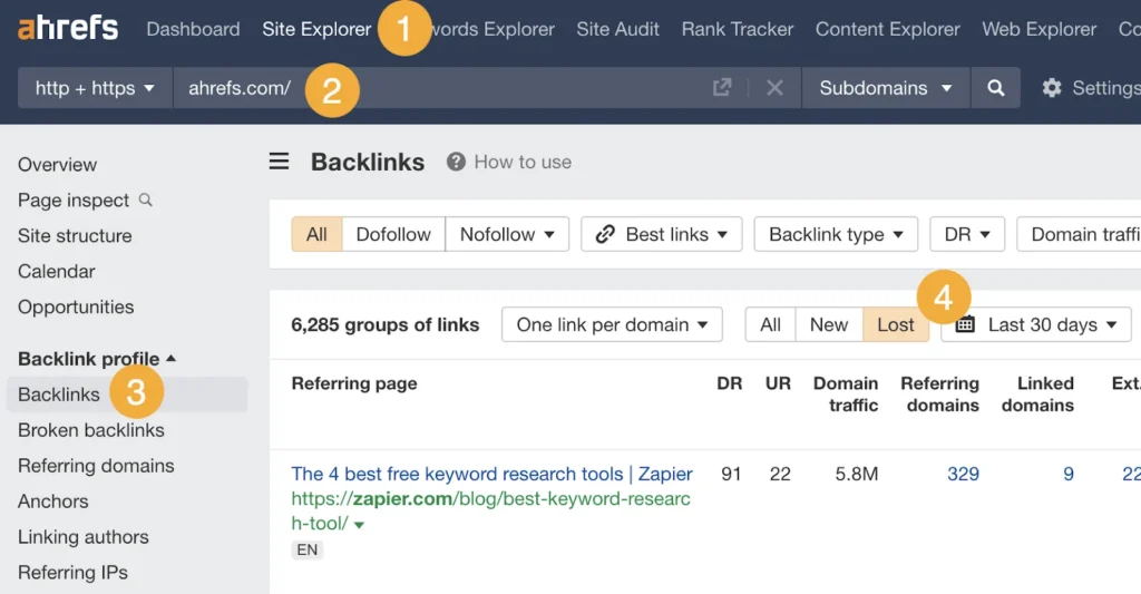Ahrefs Identify Lost Backlinks
