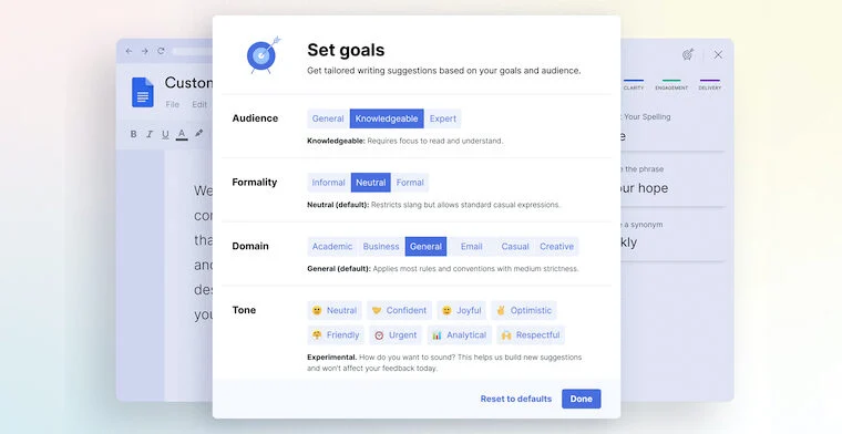 Grammarly Features of Setting Goals