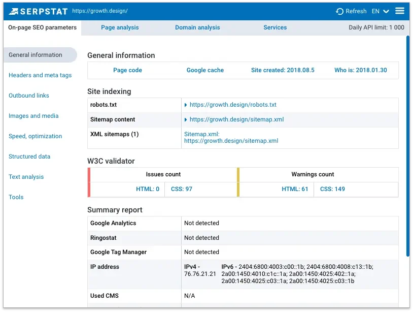 Serpstat Plugin On-Page SEO Parameters