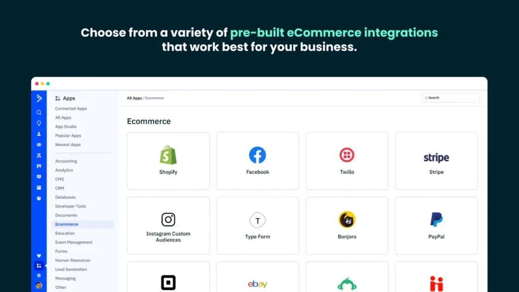 Choose from a variety of pre built eCommerce intergrations that work best for your business.